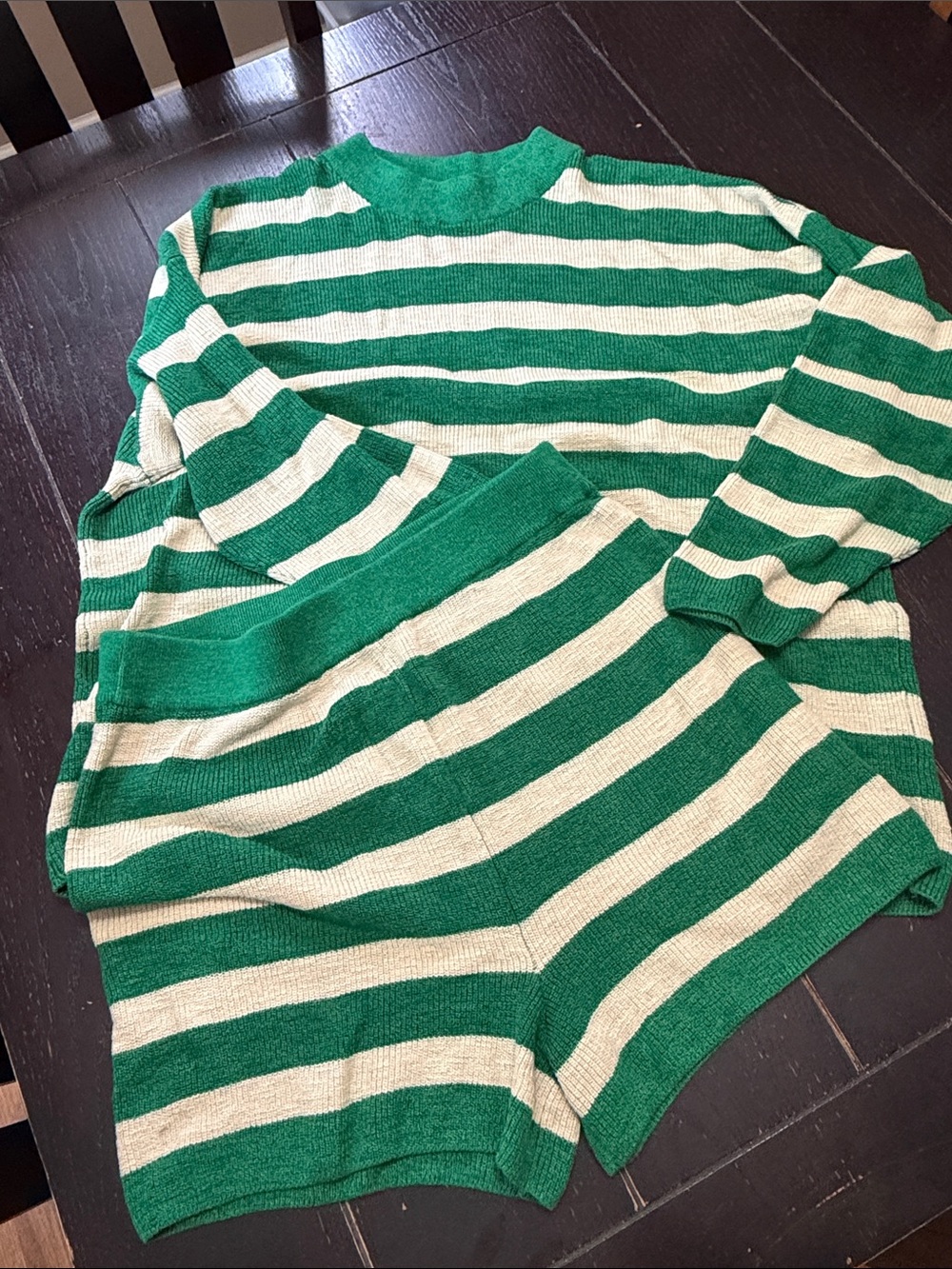 FP Beach by Free People Green and Cream Striped Knit Sweater + Shorts Set